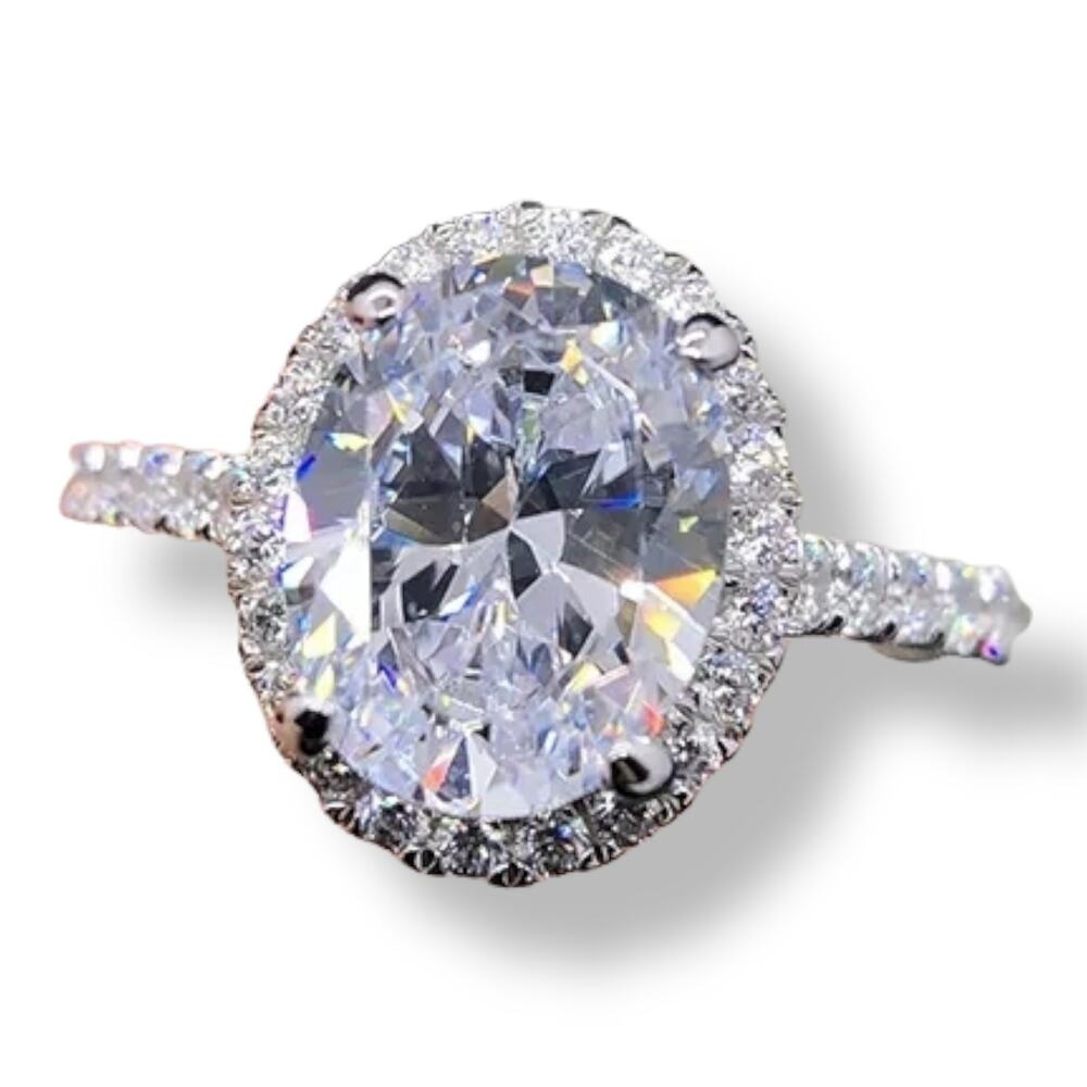 Classic 1ct 5 x 7 Oval with Moissanite Halo Platinum Plated 925 Ring Size 8 3/4